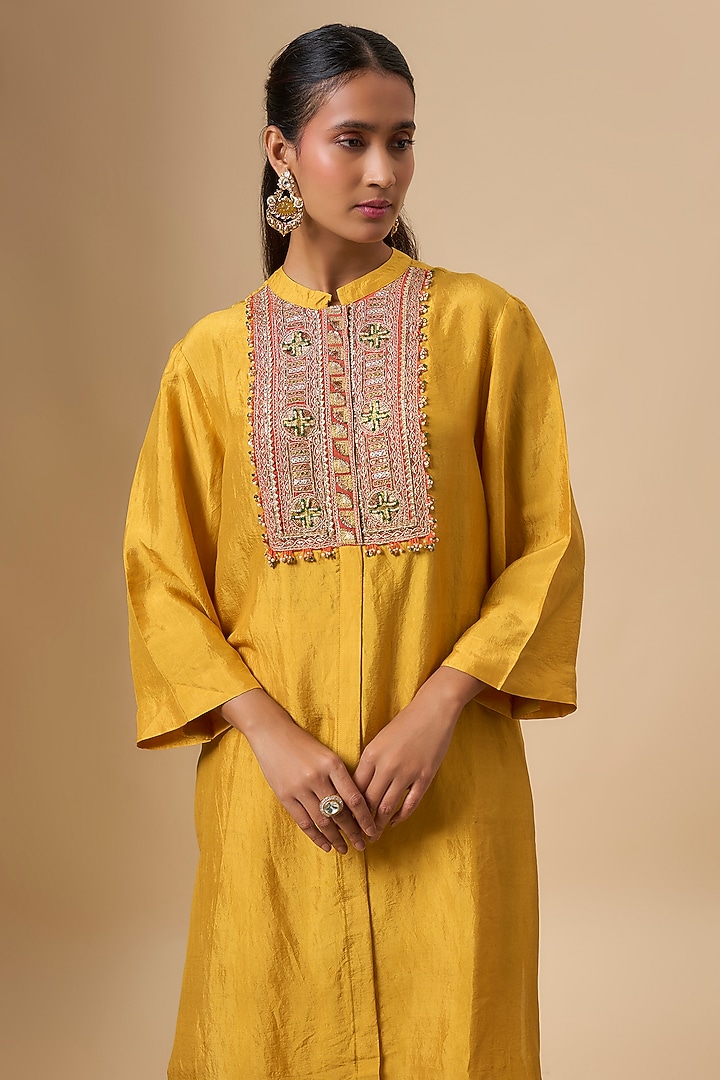 Yellow Mulberry Silk Kurta Set by Avacara at Pernia's Pop Up Shop