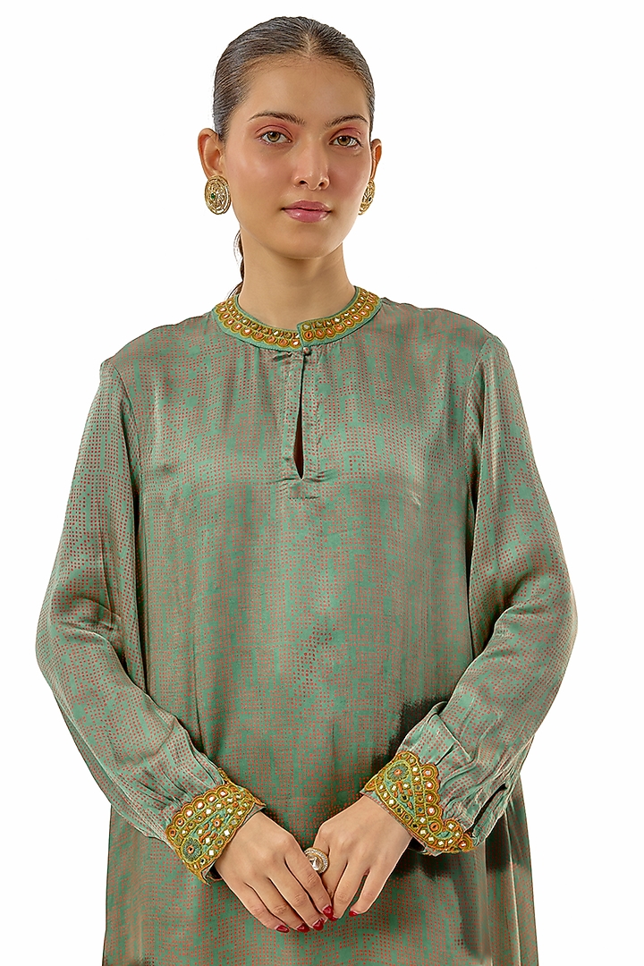 Blue Satin Silk Printed & Embroidered Co-Ord Set by Avacara at Pernia's Pop Up Shop