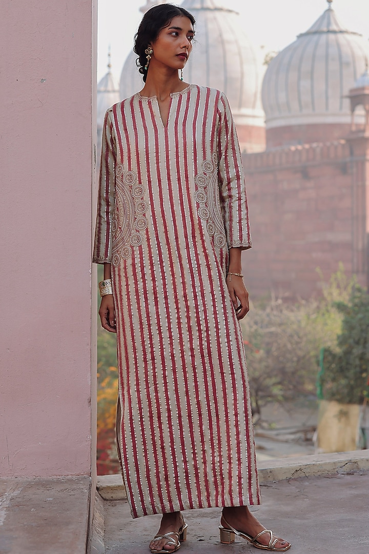 Cream & Red Cotton Satin Silk Printed Maxi Cocktail Dress by Avacara at Pernia's Pop Up Shop