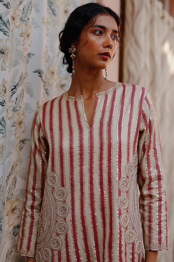 Cream & Red Cotton Satin Silk Printed Maxi Cocktail Dress by Avacara at Pernia's Pop Up Shop