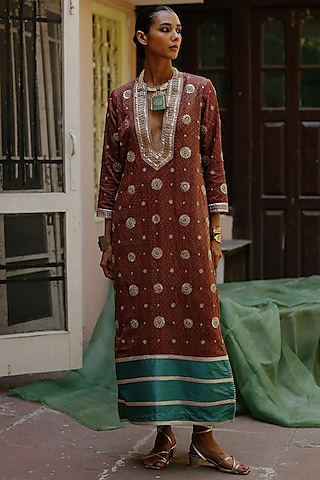 Maroon Cotton Satin Silk Gota Hand Embroidered Maxi Dress by Avacara