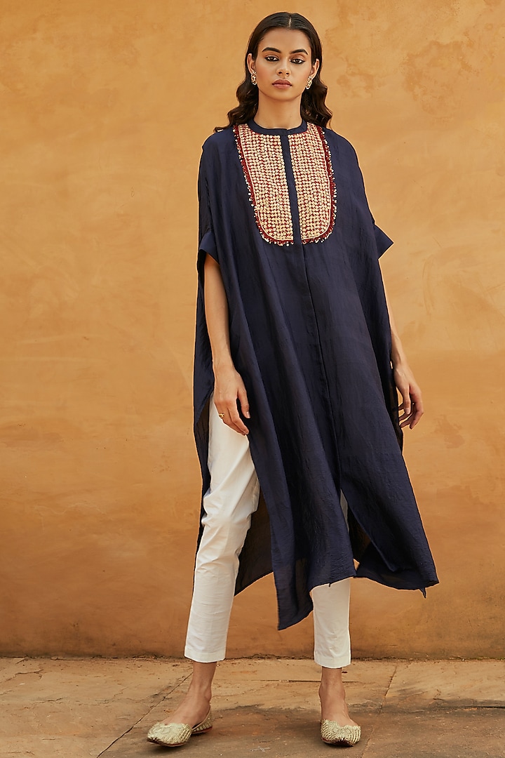 Blue Pure Handloom Mulberry Silk Marodi Work Kaftan Set by Avacara at Pernia's Pop Up Shop