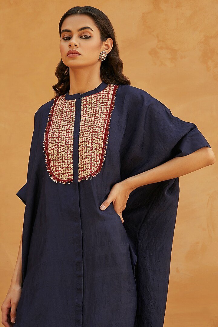 Blue Pure Handloom Mulberry Silk Marodi Work Kaftan Set by Avacara at Pernia's Pop Up Shop