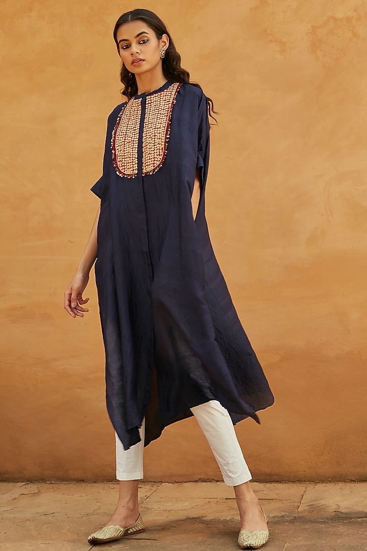 Blue Pure Handloom Mulberry Silk Marodi Work Kaftan Set by Avacara at Pernia's Pop Up Shop