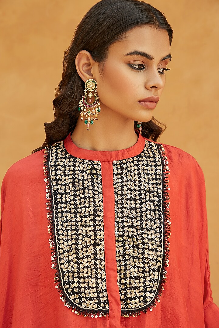 Red Pure Handloom Mulberry Silk Marodi Work Kurta Set by Avacara at Pernia's Pop Up Shop