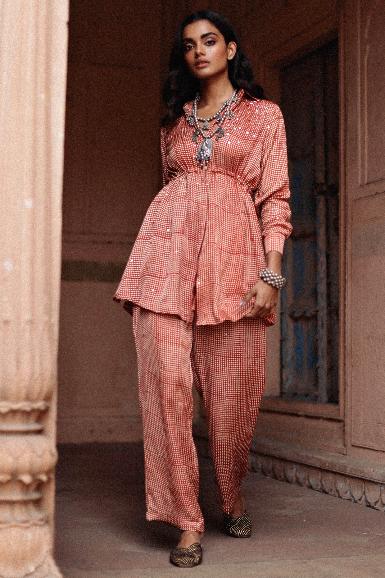 Red Modal Silk Hand Block Printed & Mirror Embroidered Co-Ord Set by Avacara at Pernia's Pop Up Shop