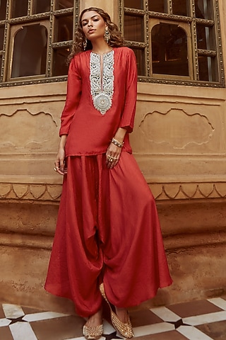 Red Pure Mulberry Silk Dhoti Set by Avacara