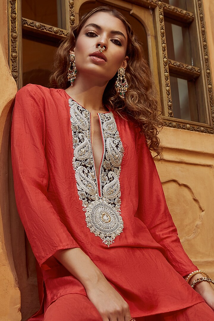 Red Pure Mulberry Silk Dhoti Set by Avacara at Pernia's Pop Up Shop