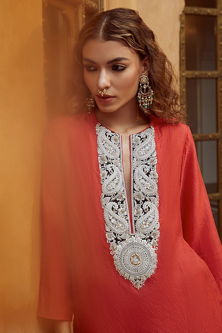 Red Pure Mulberry Silk Dhoti Set by Avacara at Pernia's Pop Up Shop
