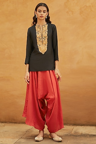 Red Pure Mulberry Silk Dhoti Set by Avacara
