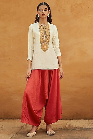 Red Pure Mulberry Silk Dhoti Set by Avacara
