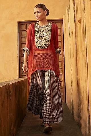 Brick Red Pure Handloom Katan Silk Hand-Block Printed Dhoti Set by Avacara