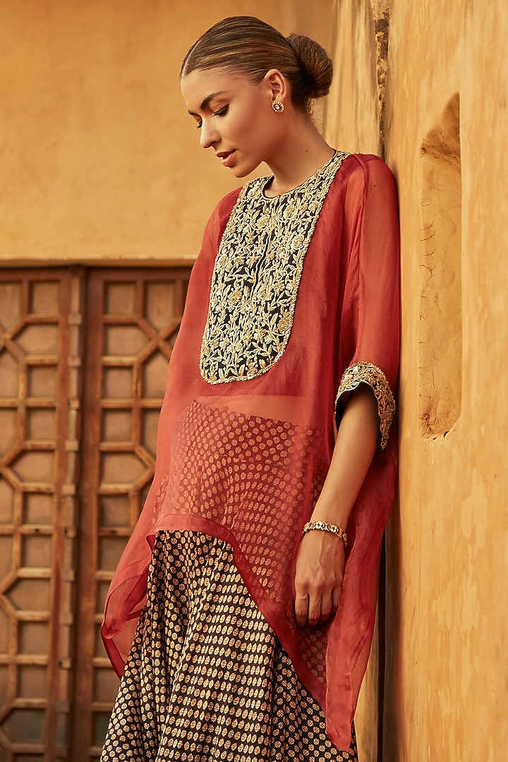 Brick Red Pure Handloom Katan Silk Hand-Block Printed Dhoti Set by Avacara at Pernia's Pop Up Shop