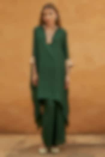 Green Pure Handloom Mulberry Silk Marodi Work Kaftan Set by Avacara at Pernia's Pop Up Shop