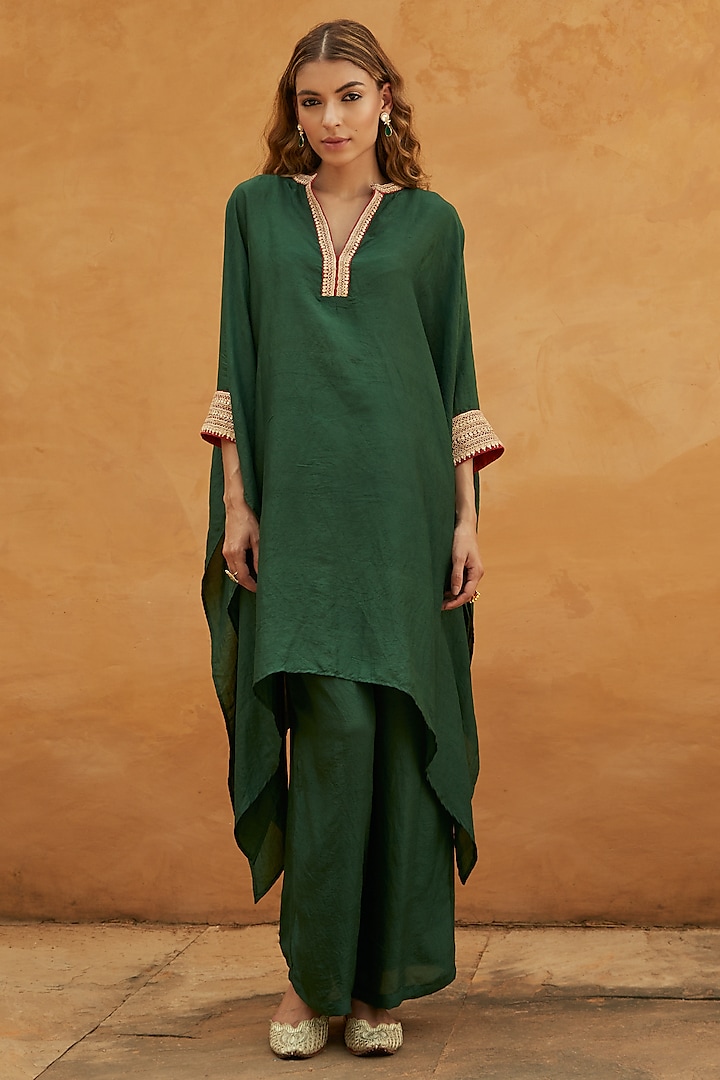 Green Pure Handloom Mulberry Silk Marodi Work Kaftan Set by Avacara at Pernia's Pop Up Shop