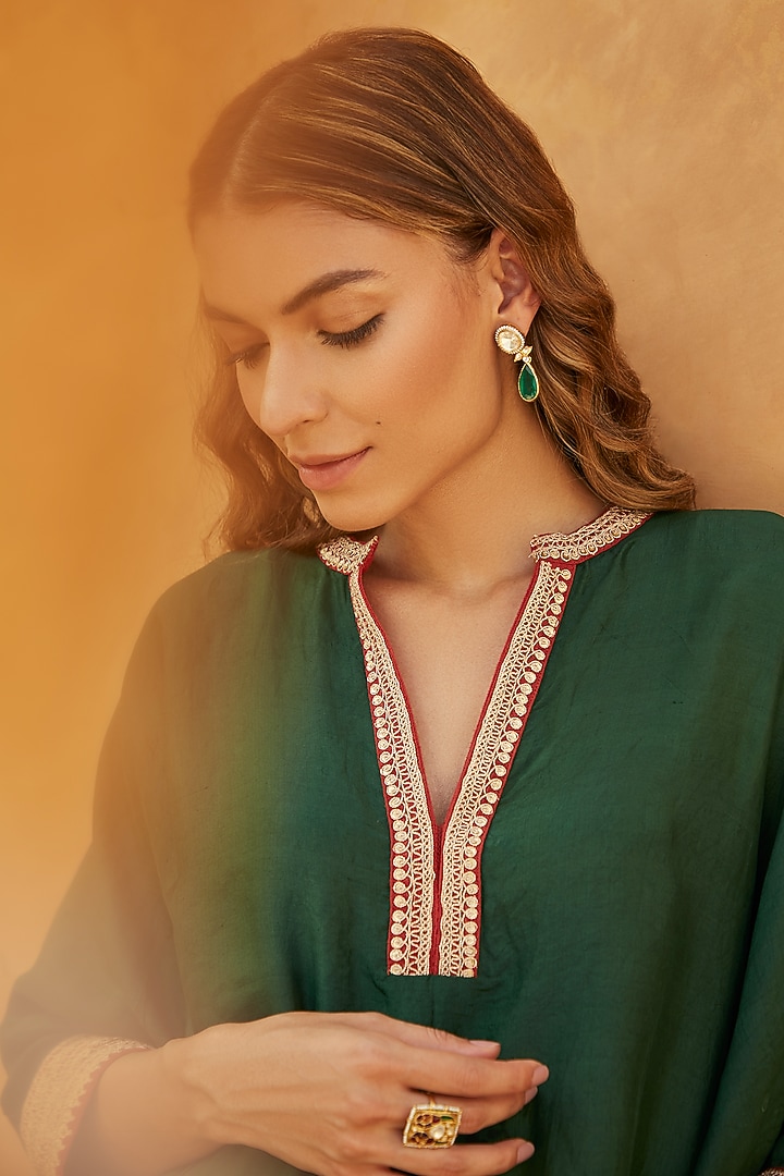 Green Pure Handloom Mulberry Silk Marodi Work Kaftan Set by Avacara at Pernia's Pop Up Shop