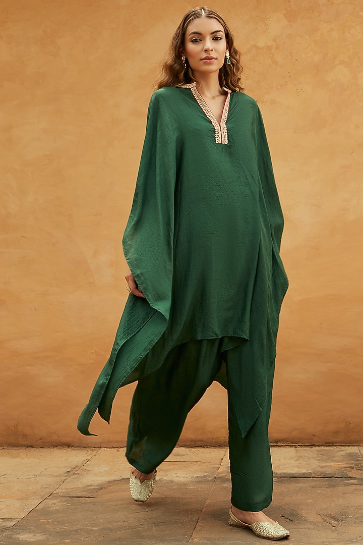Green Pure Handloom Mulberry Silk Marodi Work Kaftan Set by Avacara at Pernia's Pop Up Shop