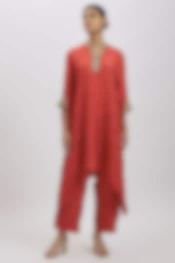 Red Pure Mulberry Silk Marodi Work Kaftan Set by Avacara at Pernia's Pop Up Shop