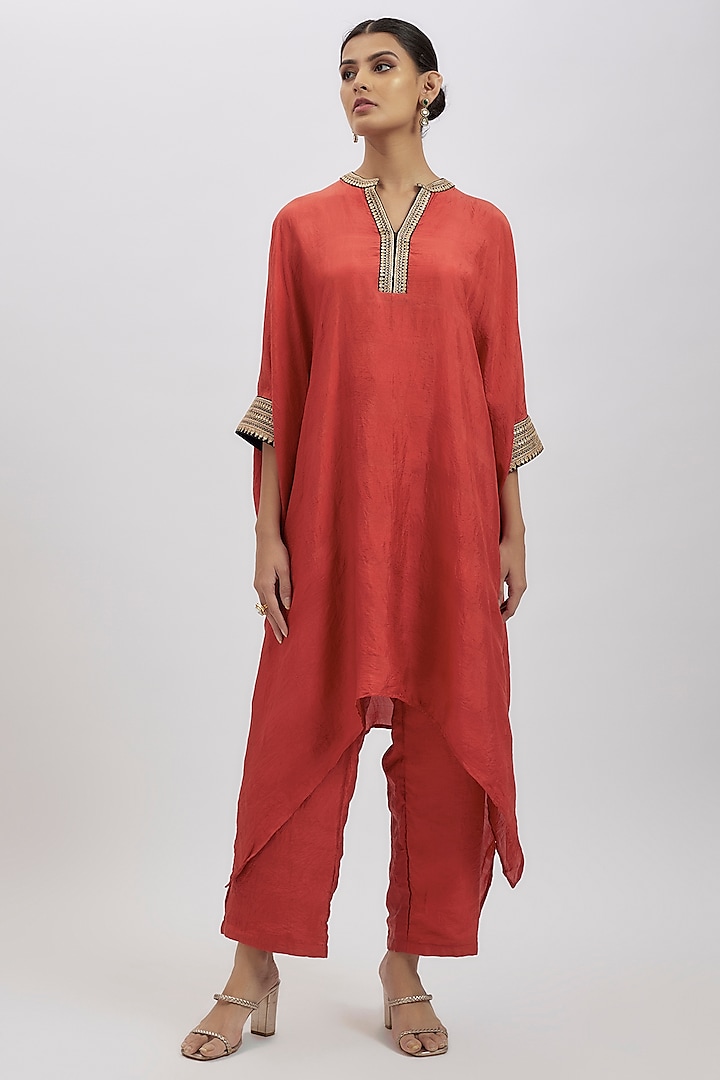 Red Pure Mulberry Silk Marodi Work Kaftan Set by Avacara at Pernia's Pop Up Shop