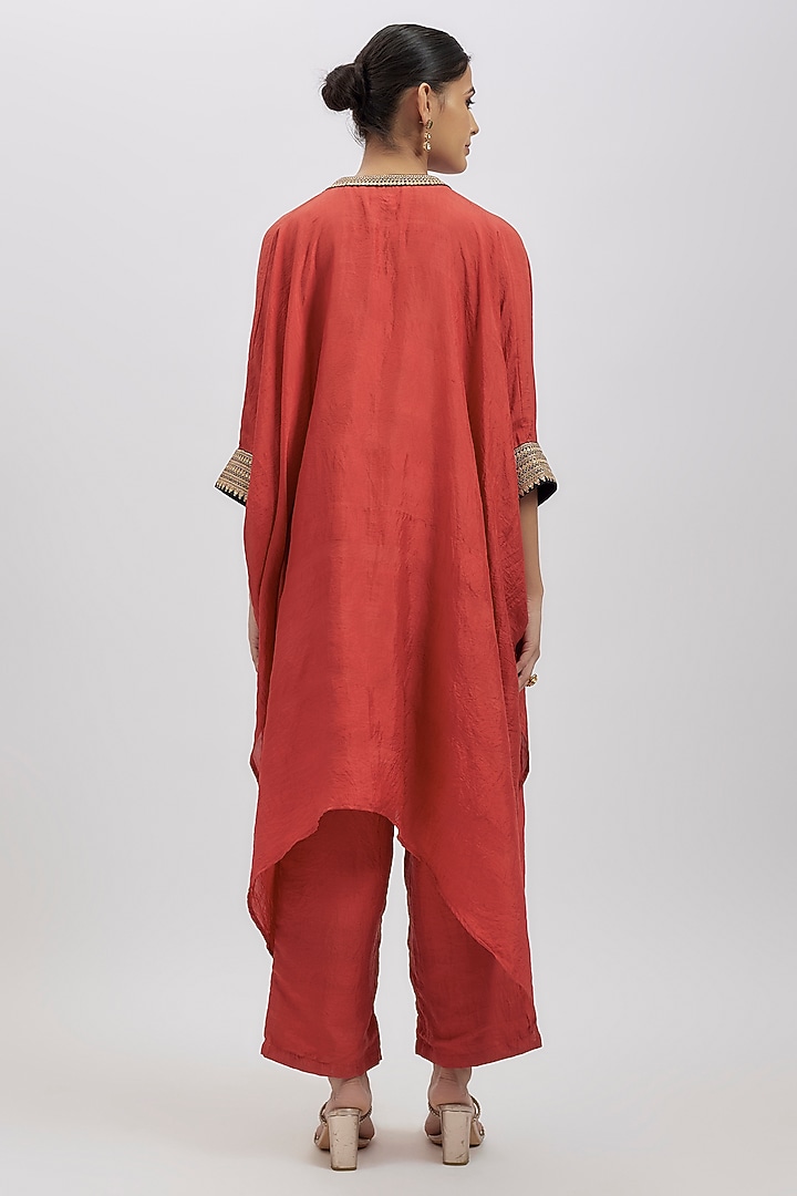 Red Pure Mulberry Silk Marodi Work Kaftan Set by Avacara at Pernia's Pop Up Shop