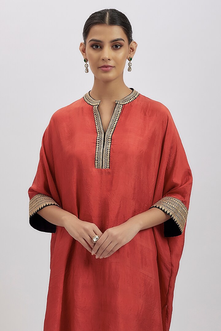 Red Pure Mulberry Silk Marodi Work Kaftan Set by Avacara at Pernia's Pop Up Shop