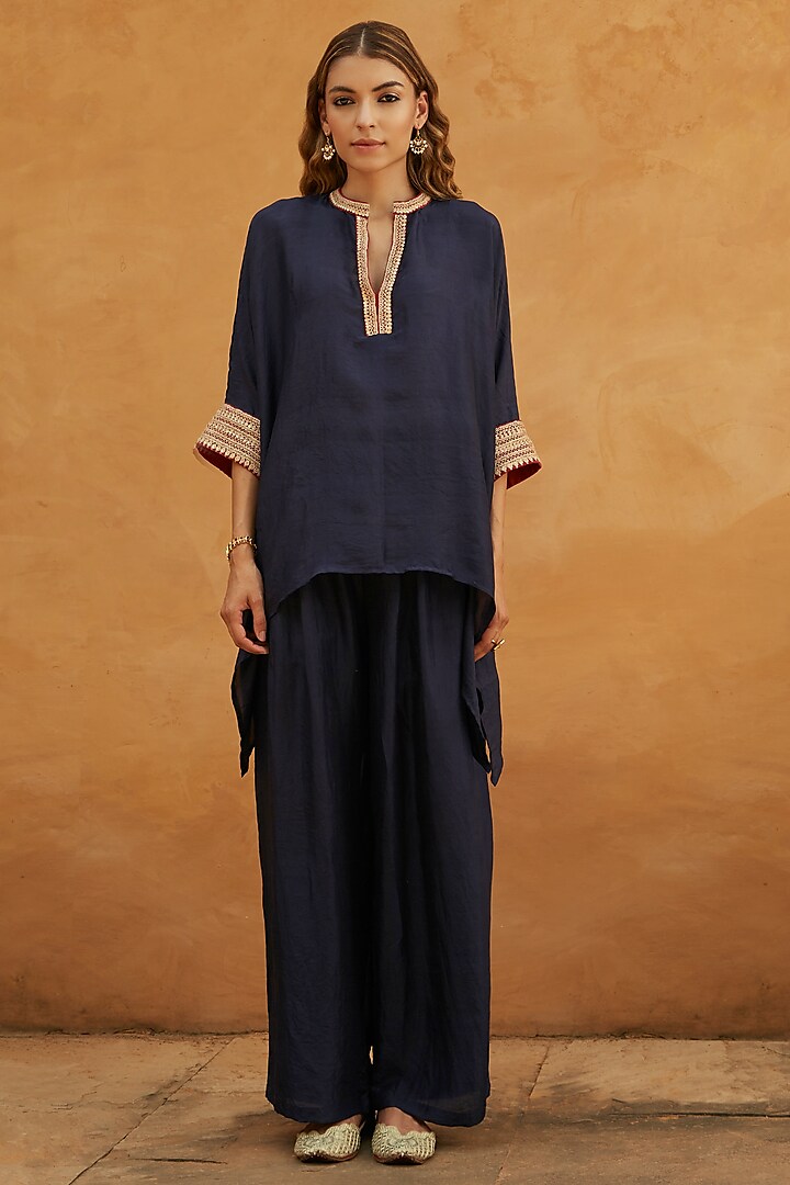 Blue Pure Mulberry Silk Marodi Work Kaftan Set by Avacara at Pernia's Pop Up Shop