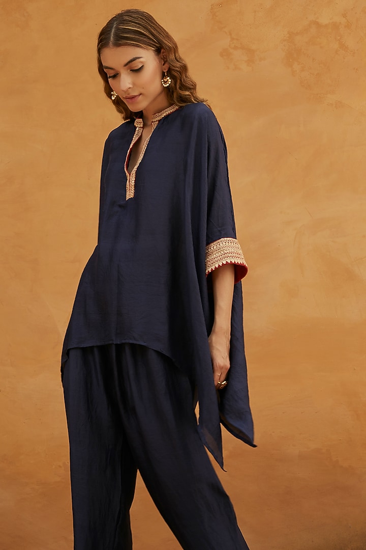 Blue Pure Mulberry Silk Marodi Work Kaftan Set by Avacara at Pernia's Pop Up Shop