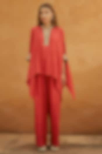 Red Pure Mulberry Silk Marodi Work Short Kaftan Set by Avacara at Pernia's Pop Up Shop