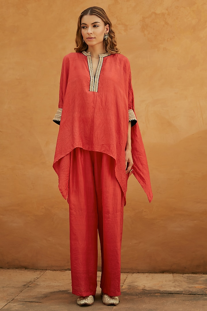 Red Pure Mulberry Silk Marodi Work Short Kaftan Set by Avacara at Pernia's Pop Up Shop