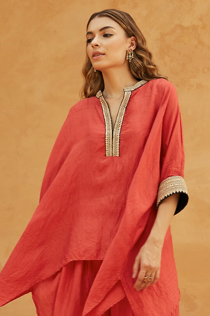 Red Pure Mulberry Silk Marodi Work Short Kaftan Set by Avacara at Pernia's Pop Up Shop