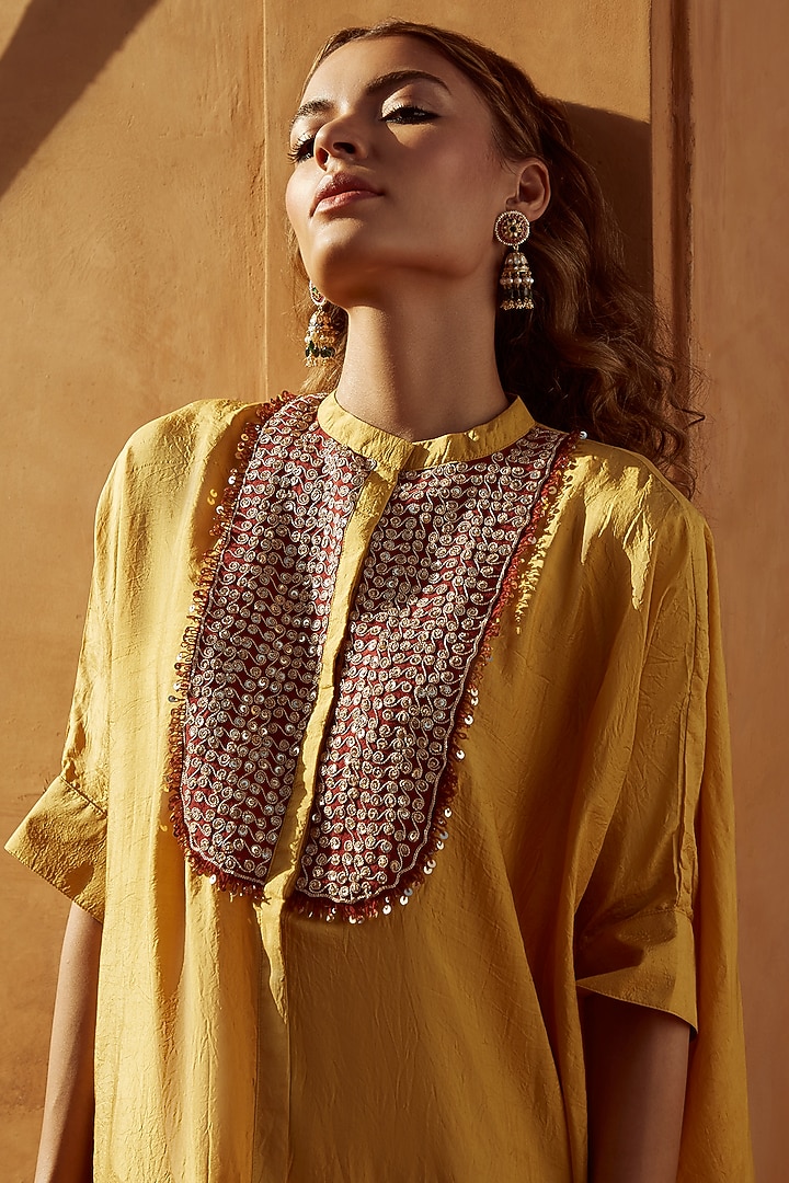 Yellow Pure Mulberry Silk Hand Work Kaftan Set by Avacara at Pernia's Pop Up Shop