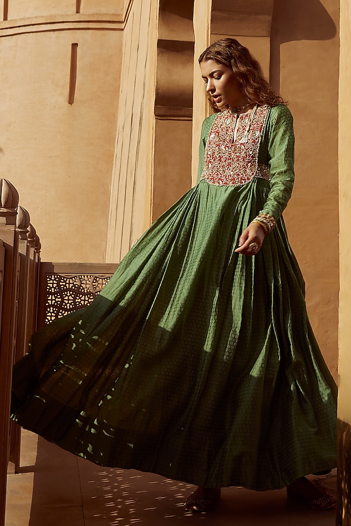 Green Pure Handloom Chanderi Hand Block Printed Anarkali by Avacara at Pernia's Pop Up Shop