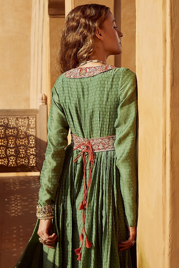 Green Pure Handloom Chanderi Hand Block Printed Wedding Anarkali by Avacara at Pernia's Pop Up Shop