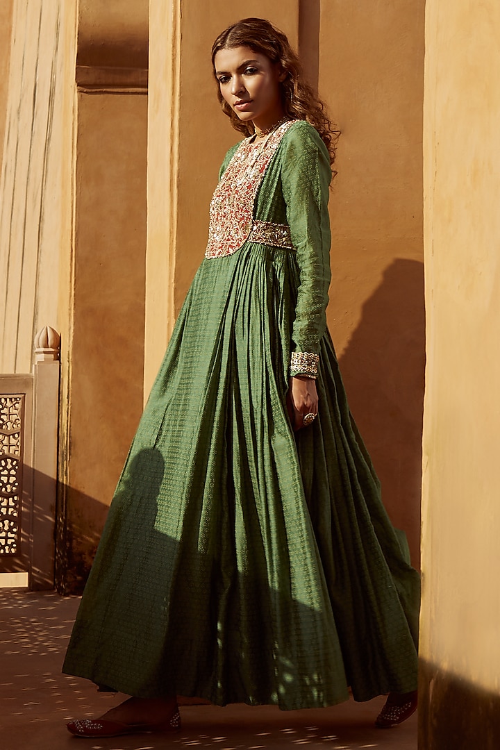Green Pure Handloom Chanderi Hand Block Printed Wedding Anarkali by Avacara at Pernia's Pop Up Shop