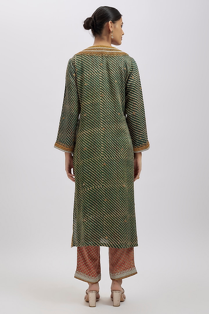 Green Pure Silk Cotton Marodi Work & Hand Block Printed Kurta Set by Avacara at Pernia's Pop Up Shop