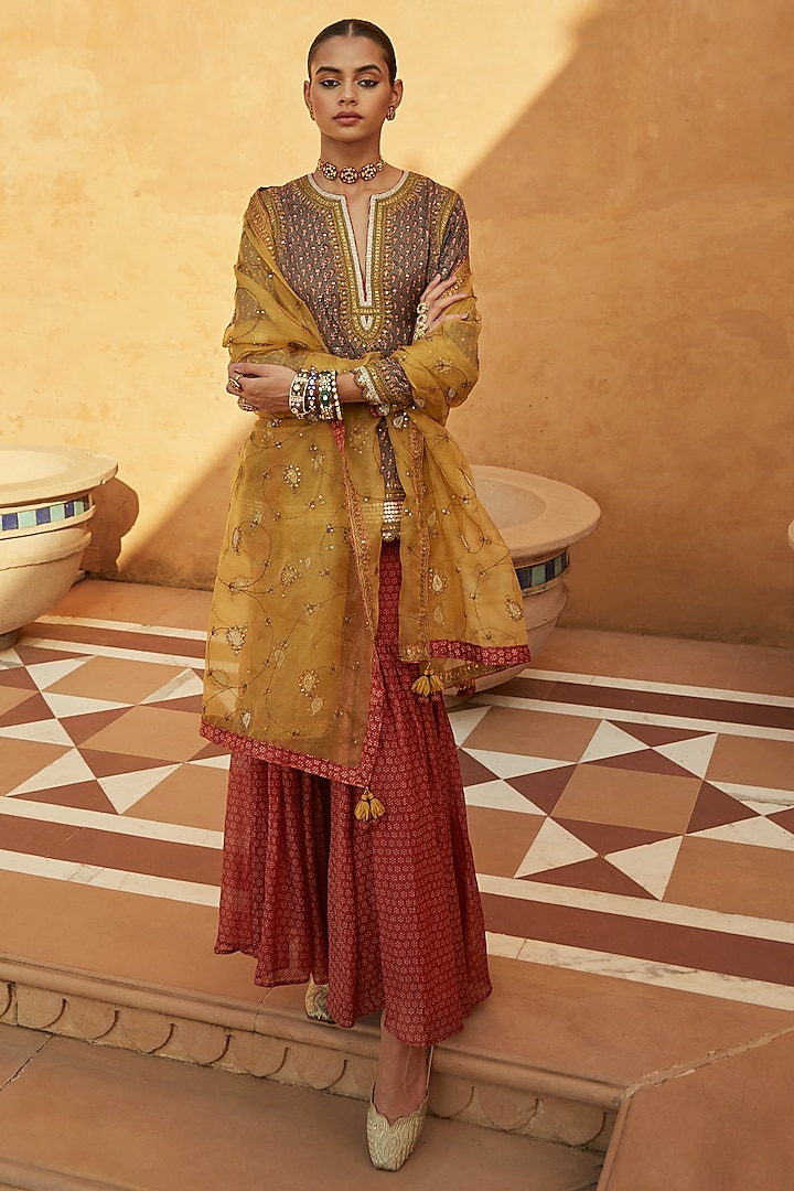 Grey Pure Silk Cotton Hand Block Printed Wedding Sharara Set by Avacara at Pernia's Pop Up Shop
