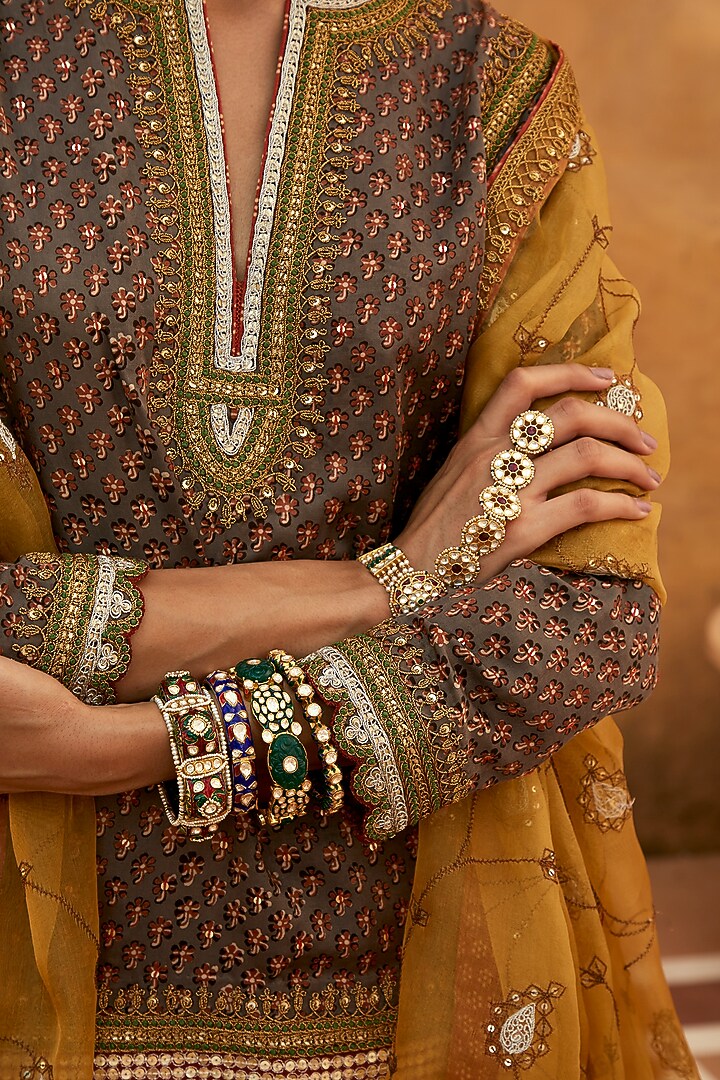 Grey Pure Silk Cotton Hand Block Printed Wedding Sharara Set by Avacara at Pernia's Pop Up Shop