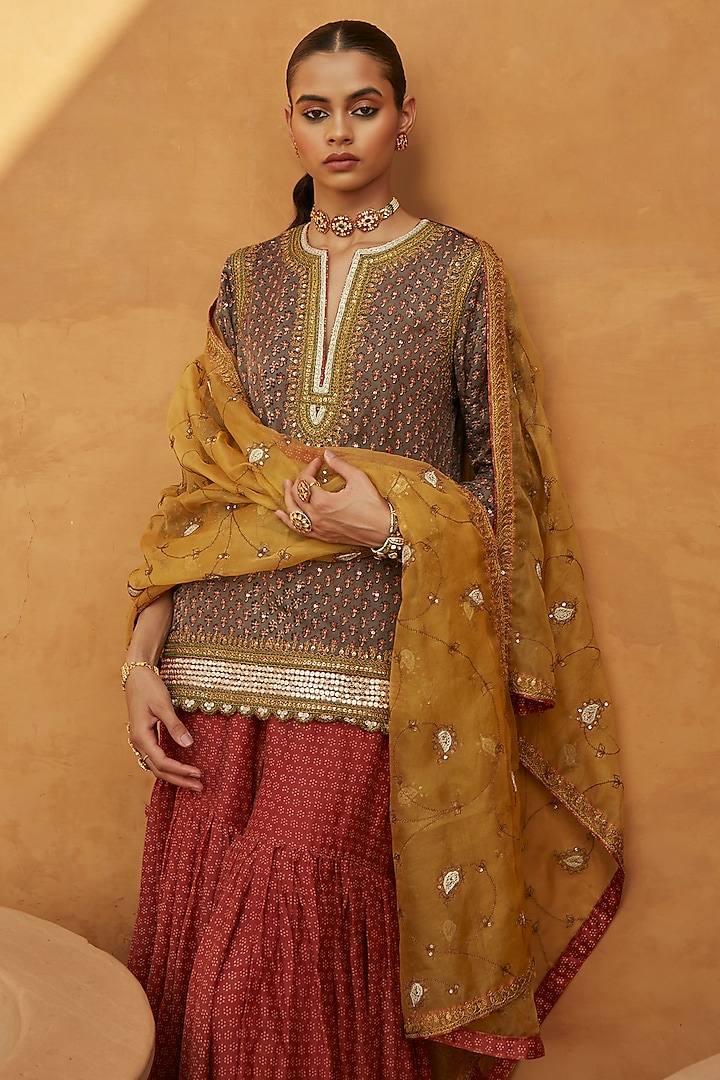 Grey Pure Silk Cotton Hand Block Printed Wedding Sharara Set by Avacara at Pernia's Pop Up Shop