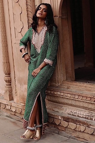 Green Handloom Raw Silk Hand Block Printed & Sequins Hand Embroidered Kaftan Dress by Avacara