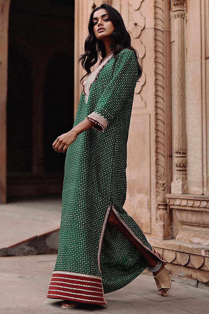 kaftan cocktail dresses Green Handloom Raw Silk Hand Block Printed & Sequins Hand Embroidered Kaftan  Cocktail Dress by Avacara at Pernia's Pop Up Shop 2026