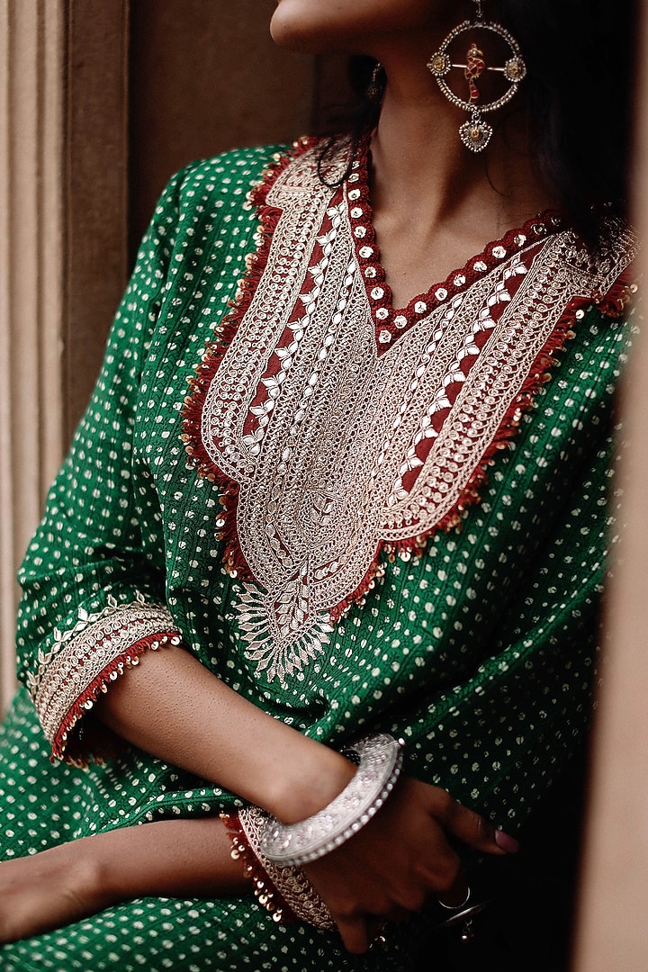 Green Handloom Raw Silk Hand Block Printed & Sequins Hand Embroidered Kaftan Cocktail Dress by Avacara at Pernia's Pop Up Shop