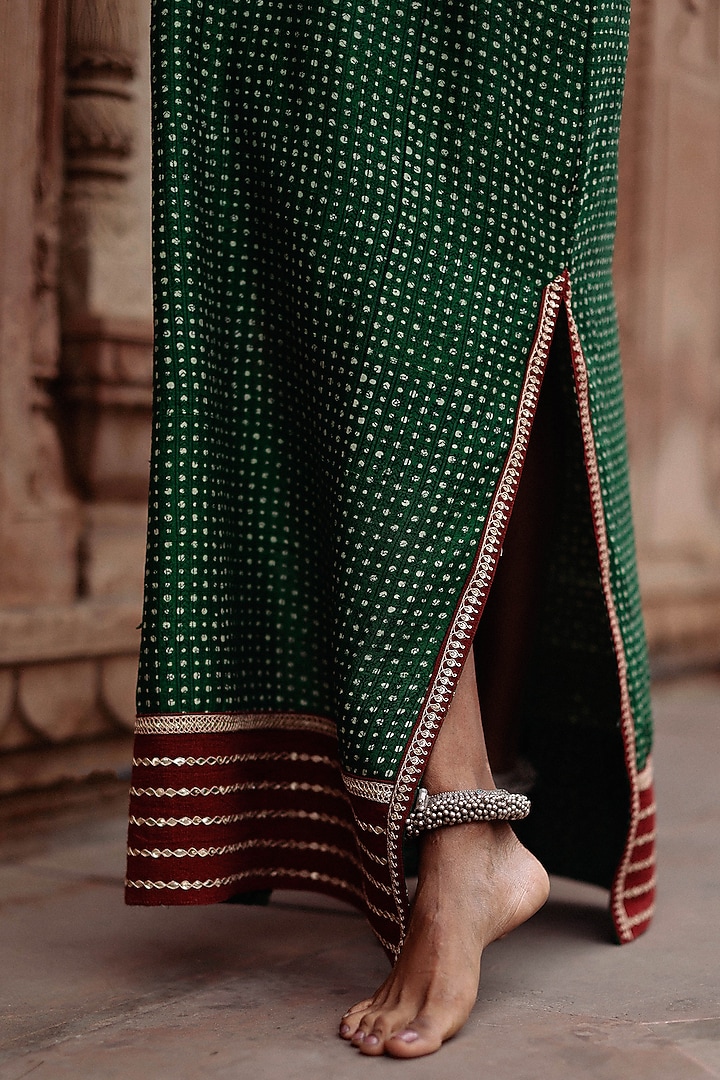 Green Handloom Raw Silk Hand Block Printed & Sequins Hand Embroidered Kaftan Cocktail Dress by Avacara at Pernia's Pop Up Shop