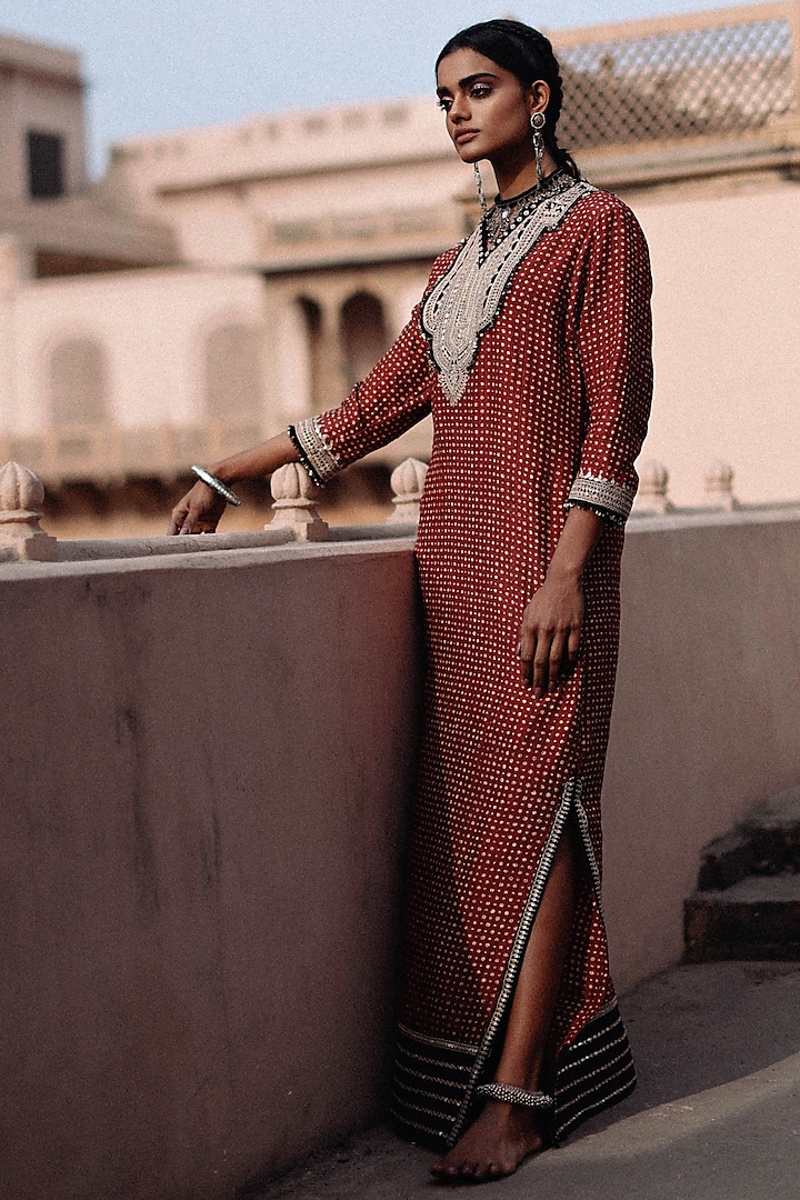 Maroon Handloom Raw Silk Hand Block Printed & Sequins Hand Embroidered Kaftan Dress by Avacara at Pernia's Pop Up Shop