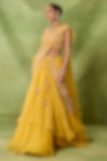 Yellow Georgette & Net Skirt Reception Saree Set by AWIGNA BY VARSHA & RITTU at Pernia's Pop Up Shop