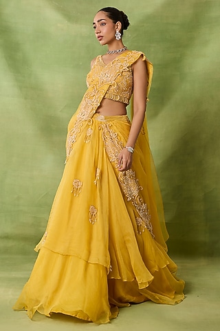 Yellow Georgette & Net Skirt Saree Set by AWIGNA BY VARSHA & RITTU