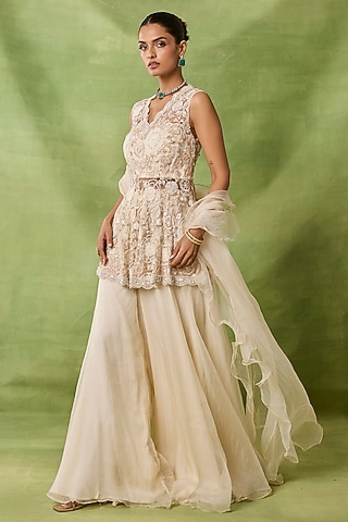 Ivory Organza & Net Sharara Set by AWIGNA BY VARSHA & RITTU