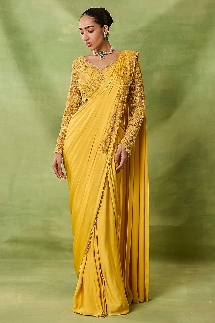 Yellow Chiffon & Net Draped Wedding Saree Set by AWIGNA BY VARSHA & RITTU at Pernia's Pop Up Shop