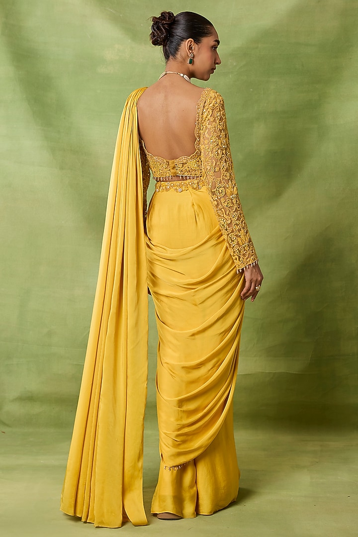 Yellow Chiffon & Net Draped Wedding Saree Set by AWIGNA BY VARSHA & RITTU at Pernia's Pop Up Shop