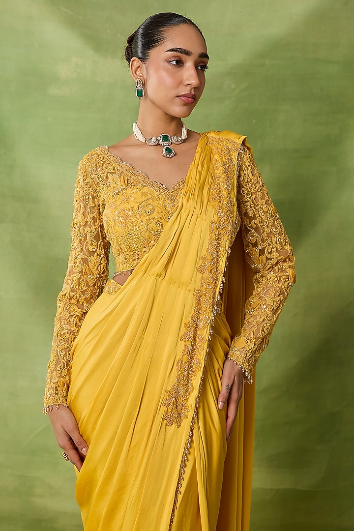 Yellow Chiffon & Net Draped Wedding Saree Set by AWIGNA BY VARSHA & RITTU at Pernia's Pop Up Shop