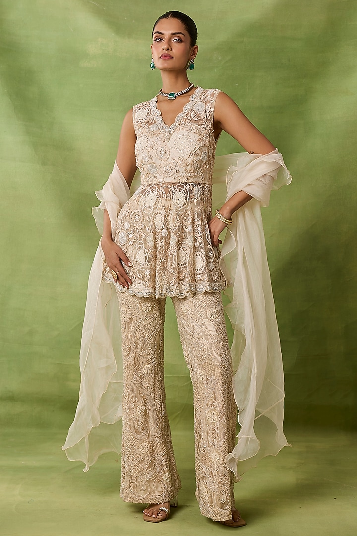 Champagne Organza & Net Embroidered Peplum Kurta Set by AWIGNA BY VARSHA & RITTU at Pernia's Pop Up Shop